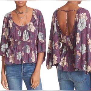 Free People Glenside Floral Peasant Open Back Blouse in Purple Size Medium